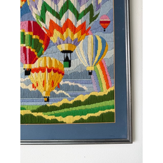 Wood 1982 Vintage Needlepoint Hot Air Balloon & Rainbow Artwork – Framed For Sale - Image 7 of 12