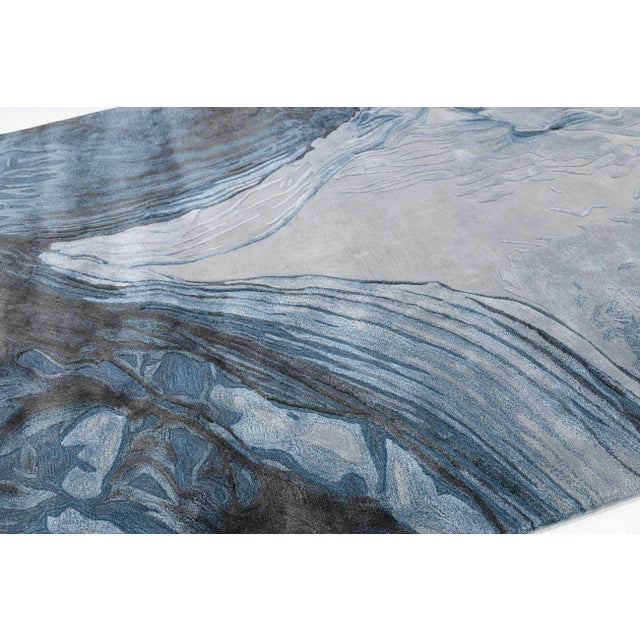 Navy Blue Abstract Glacial Flow - Modern Hand-Tufted Wool & Viscose Area Rug For Sale - Image 8 of 10