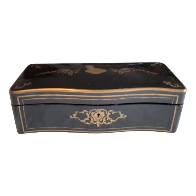 Napoleon III Style Box in Black Lacquered Wood and Gilded Brass, 1890 For Sale