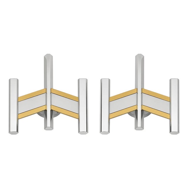 1970s Sciolari Chrome & Brass Geometric Wall Sconces, Late 20th Century - a Pair For Sale