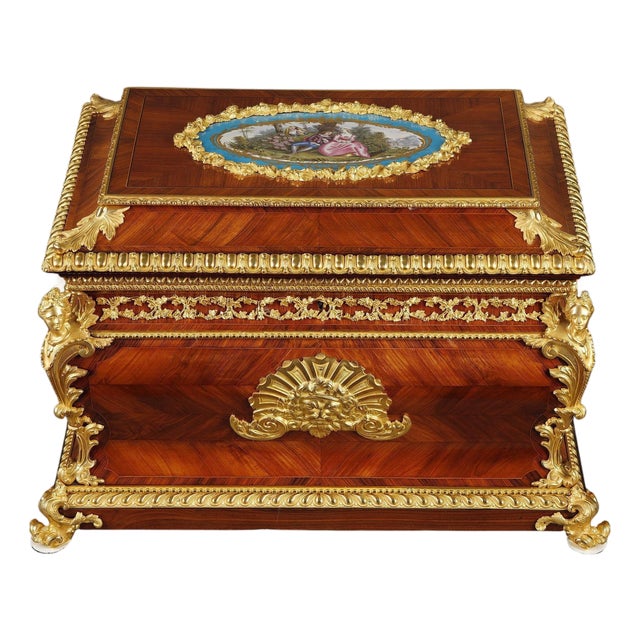 Large Louis XV Style Casket in Rosewood, Gilt Bronze and Porcelain, 1870 For Sale