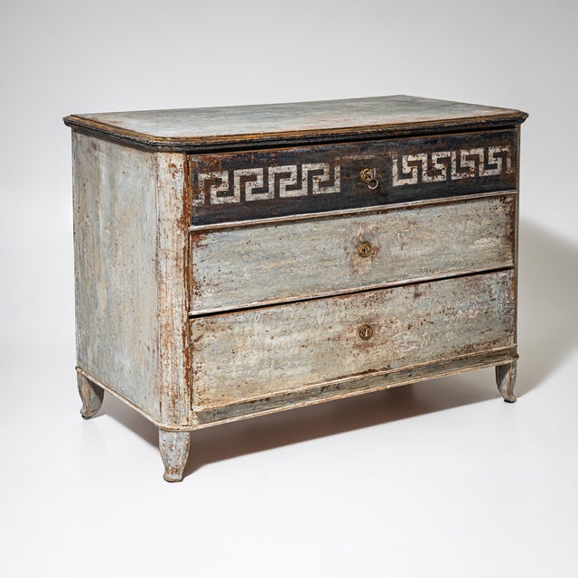 South German chest of drawers in pine with three drawers resting on slightly curved feet. The restrained, clean form is...
