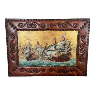 1920s Vintage Original Painting on Leather With Studded Frame For Sale