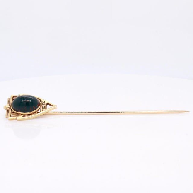 Antique Signed Brassler & Co. Art Deco 14k Gold & Bloodstone Cabochon Stickpin For Sale In Philadelphia - Image 6 of 15