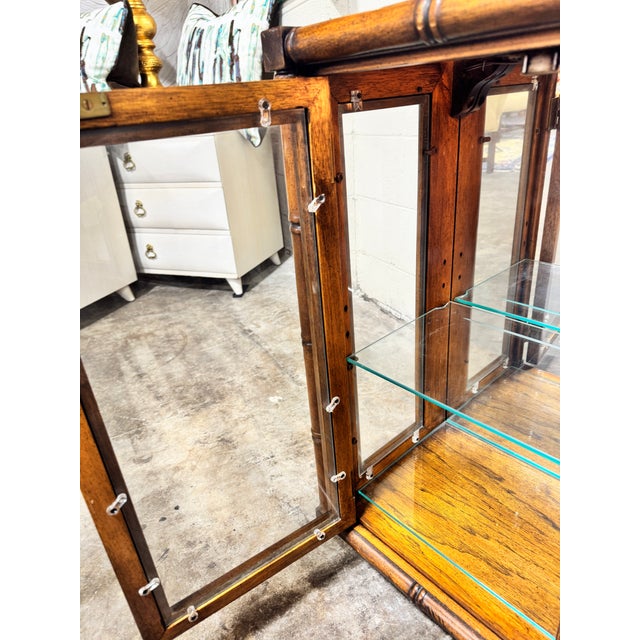 1970s Vintage Faux Bamboo Lighted Bar Bookcase Cabinets - A Pair For Sale - Image 5 of 12
