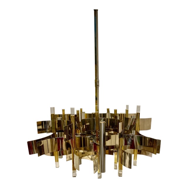 Vintage Italian Sciolari 18 Light Chrome, Brass and Lucite Chandelier For Sale