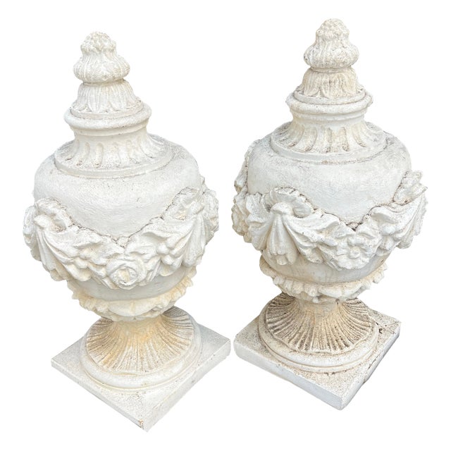 Vintage Neoclassical Cast Concrete Garden Finials With Floral Garlands - A Pair -2 For Sale