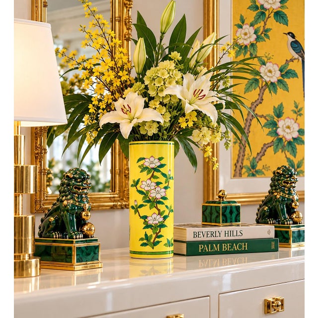 A vintage, hand-painted ceramic hat stand or vase, decorated with a yellow background, greenery and flowers. Good condition.