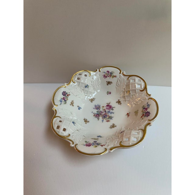 Ivory 1970s Reichenbach Germany 11" Diameter Footed Floral Gold Trim Reticulated Dish For Sale - Image 8 of 18