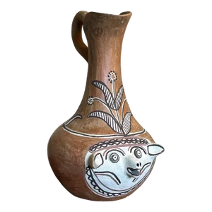 1970s Primitive Animal Face Jug Clay Pottery Folk Art Head Pitcher Sculpture