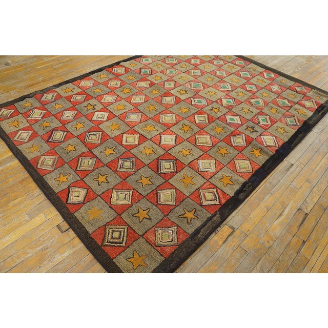 1920s Gray Red Geometric Folk Art Antique American Hooked Rug 6'8" X 7'5" Hand Knotted Wool Carpet For Sale - Image 15 of 15