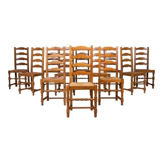 Country French Farmhouse Style Maple Ladder Back Dining Chairs W/ Rush Seats - Set of 12 For Sale