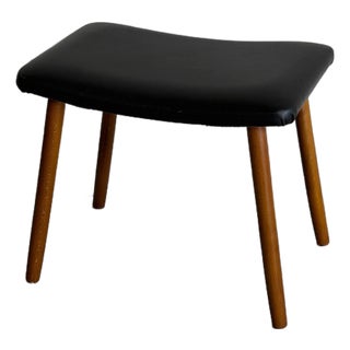 Danish Modern Teak Ottoman Footstool Black Vinyl Mid Century Scandinavian Stool For Sale