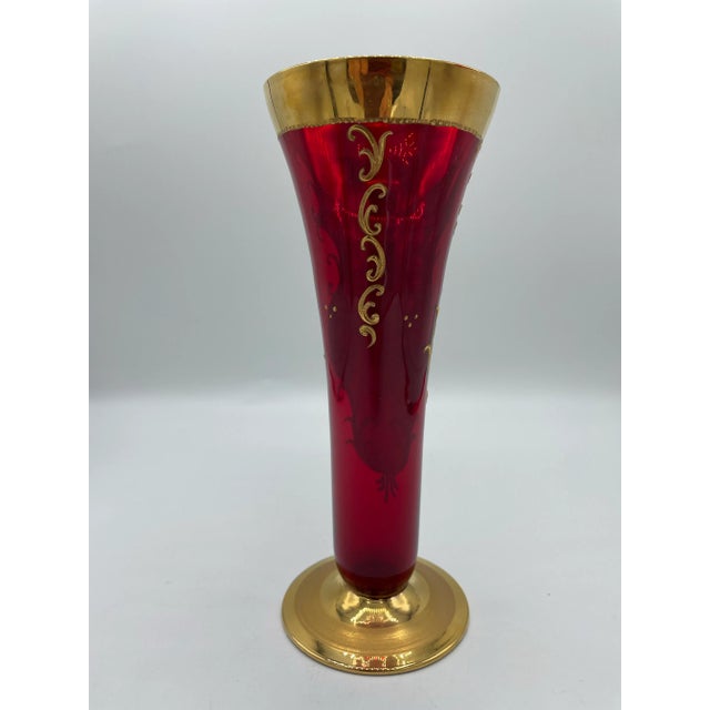 Moser Glassworks Late 19th Century Moser Style Cranberry Glass Vase With Gilt and Applied Floral Decoration For Sale - Image 4 of 11