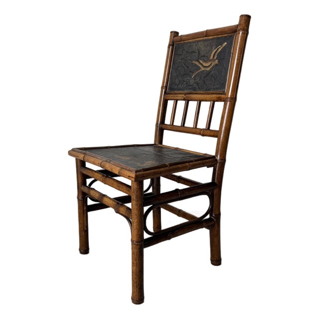 19th-Century Aesthetic Movement Bamboo Side Chair With Bird Motif Panels For Sale