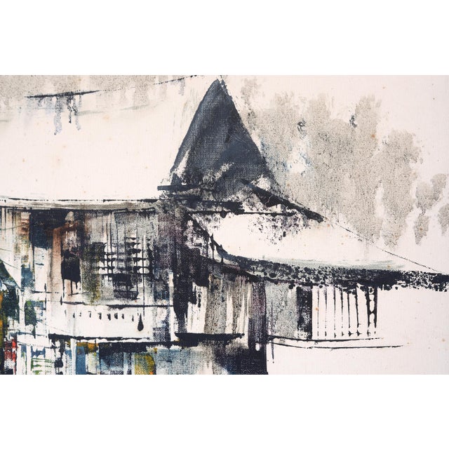 Black Mid Century Asian Seaside Village Watercolor Painting For Sale - Image 8 of 15