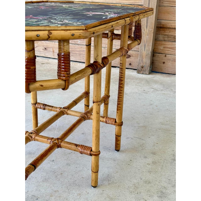 Mid-20th Century Sons-Cunningham Rattan Side Table With Tropical Wallpaper Top For Sale In Naples, FL - Image 6 of 12