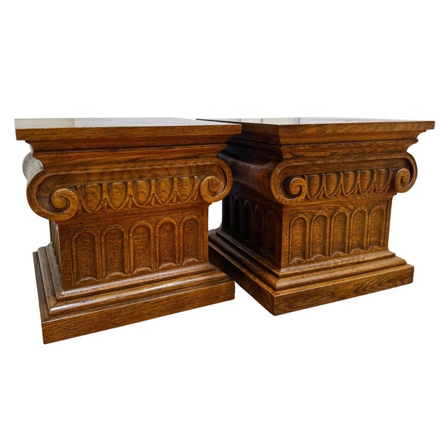 Postmodern 1960 Vintage Drexel Guildhall Neoclassical Oak Pedestal End Tables - A Pair For Sale - Image 3 of 17