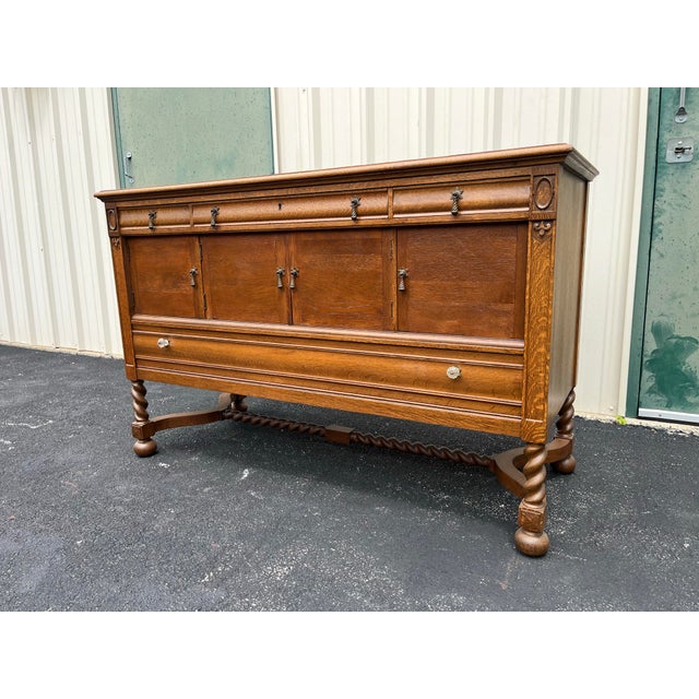 Victorian Antique Victorian Quartersawn Oak Barley Twist Sideboard Buffet For Sale - Image 3 of 12