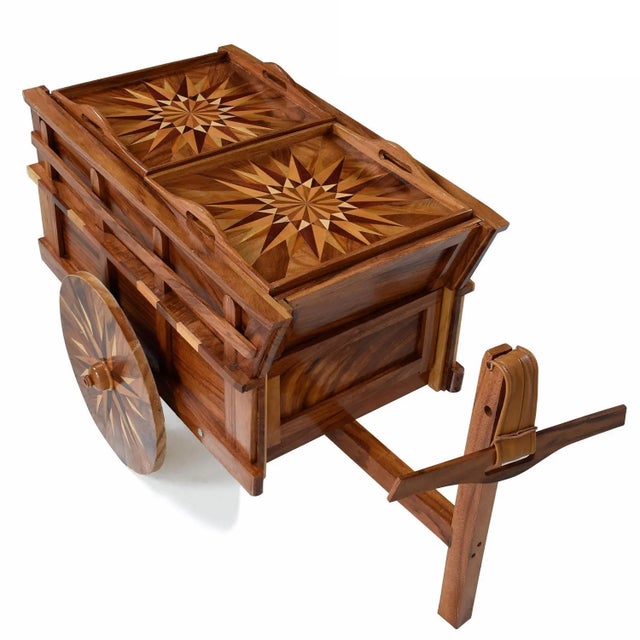 1970s Hand Crafted Folk Art Costa Rican Oxcart Wagon Bar Cart With Intricate Marquetry For Sale - Image 5 of 14