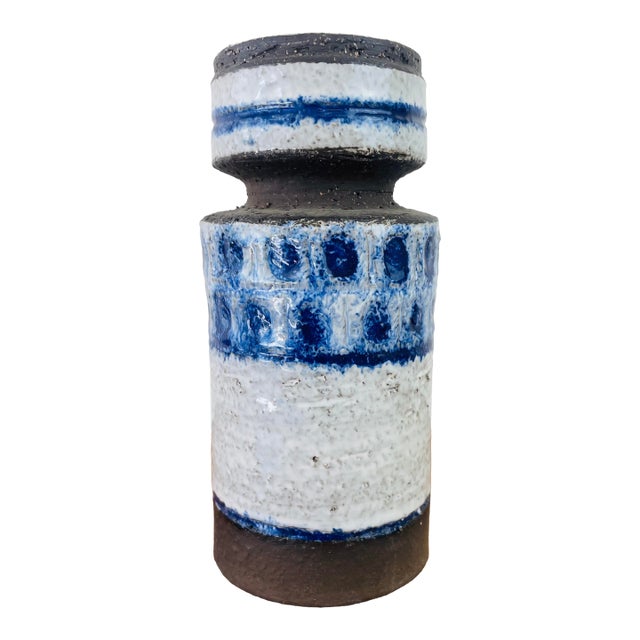 Vintage 1960s Danish Modern Style Blue & White Studio Pottery Vase For Sale