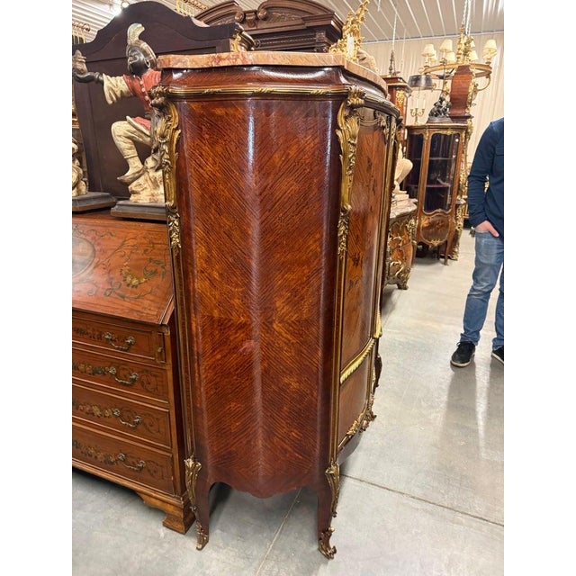 French Louis XV Bronze Mounted Rosewood Marble Top Cabinet Adjustable Shelves For Sale - Image 10 of 14