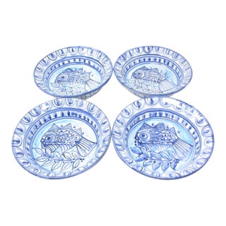 Porches Algarve Portugal Pottery Earthenware Bowls With Fish Design - Set of 4 For Sale