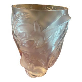 Large 1980s Signed Lalique Martinets Swallows Crystal Vase For Sale