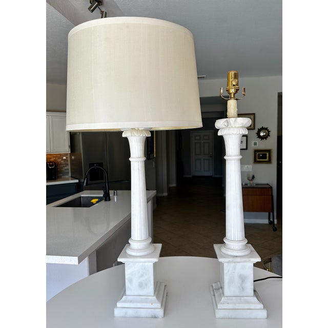 1960s Tall Italian Column Neoclassic Alabaster Table Lamps - a Pair For Sale - Image 18 of 18
