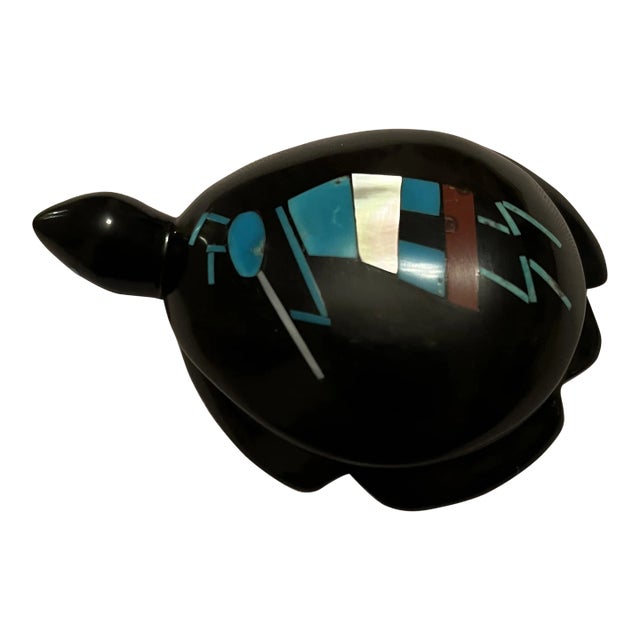 2000s Zuni Fetish by Emery Boone, Jet & Turquoise Turtle Figurine, Signed. For Sale