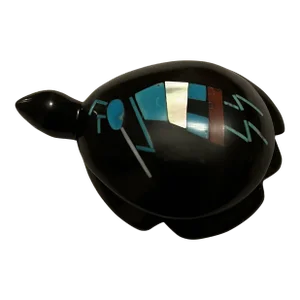 2000s Zuni Fetish by Emery Boone, Jet & Turquoise Turtle Figurine, Signed.