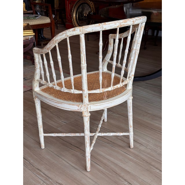 Set of Four Regency Style White Painted Faux Bamboo Armchairs With Cane Seats For Sale - Image 9 of 13