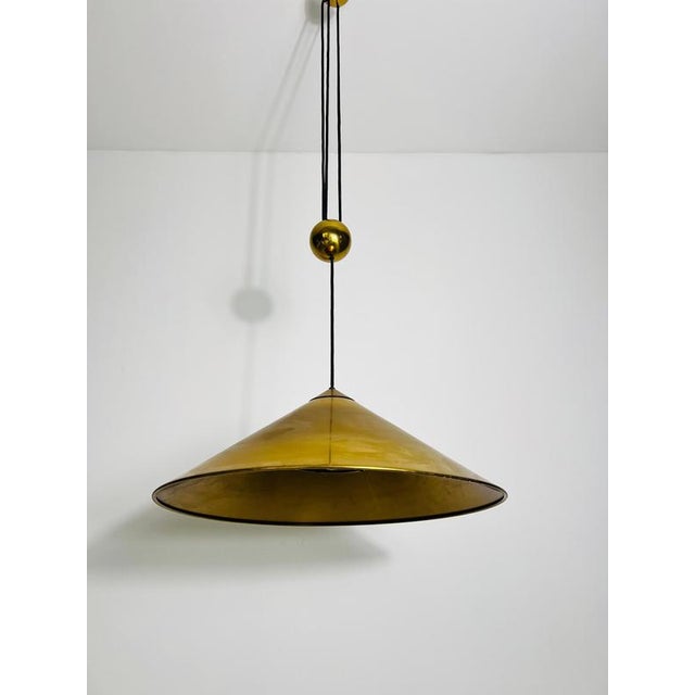 Cone Shaped Brass Pendant Lamp with Counterweight attributed to Florian Schulz, 1970s For Sale - Image 9 of 14