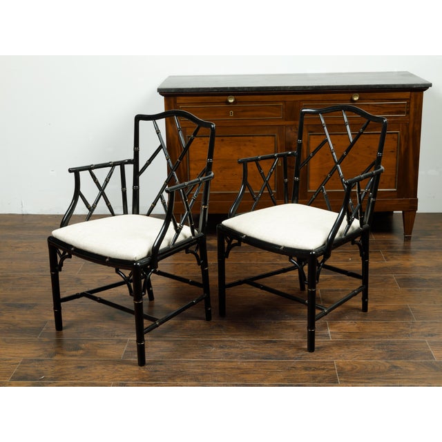 Pair of Midcentury Chinese Chippendale Style Black Faux Bamboo Armchairs For Sale - Image 9 of 9