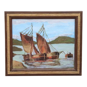 Vintage Nautical Sailboat Original Oil Painting