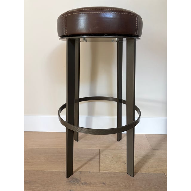 Transitional Custom Leather Top Bar Stools For Sale - Image 3 of 7