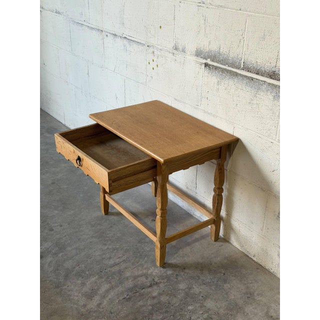 Mid-Century Modern Oak Side Table With Single Drawer Turned Legs and Metal Pull Accent Vintage 1970s For Sale - Image 3 of 10