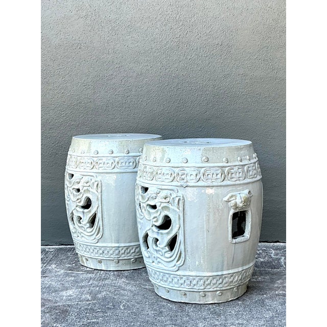Mid-Century Modern Vintage Glazed Ceramic Garden Stools - A Pair For Sale - Image 3 of 12