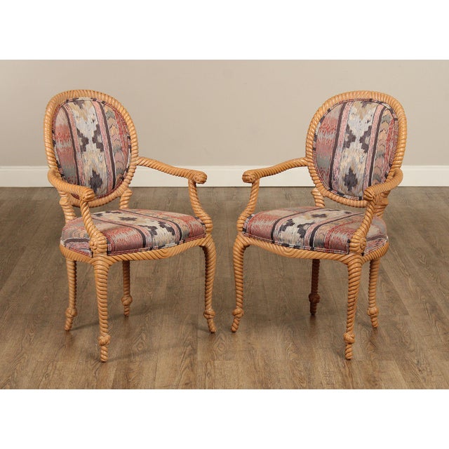 High Quality Vintage Pair of Carved and Cerused Rope Twist Armchairs with Custom Upholstery