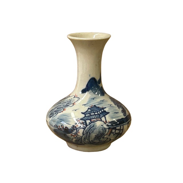 4.5" Chinese Blue White Scenery Flower Graphic Small Porcelain Art Vase For Sale - Image 4 of 12
