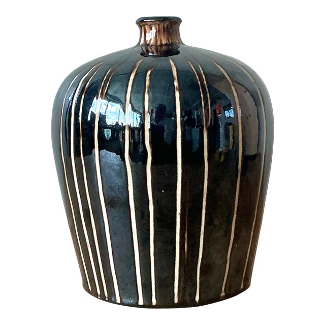 Vintage Boho Glazed Ceramic Vase For Sale