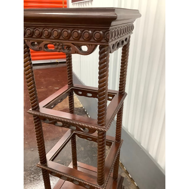 Victorian Late 18th Century Victorian Eastlake-Style Mahogany Three-Tier Plant Stand or E’tag’ere With Carved Details and Turned Spindles For Sale - Image 3 of 6