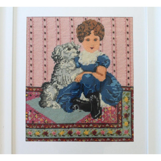 Victorian 1980's Framed Victorian Needlepoint of Girl and Dog For Sale - Image 3 of 9
