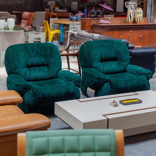 Italian Green Velvet Lounge Chairs,1970s, Set of 2 For Sale - Image 3 of 15