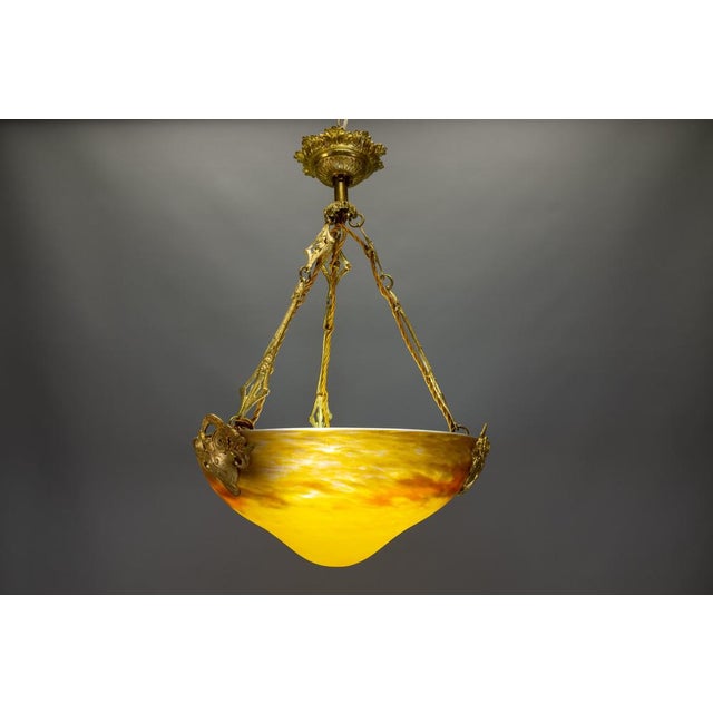 French Art Nouveau Pâte de Verre Glass and Bronze Pendant Lamp from Muller Frères, 1920 For Sale - Image 14 of 18