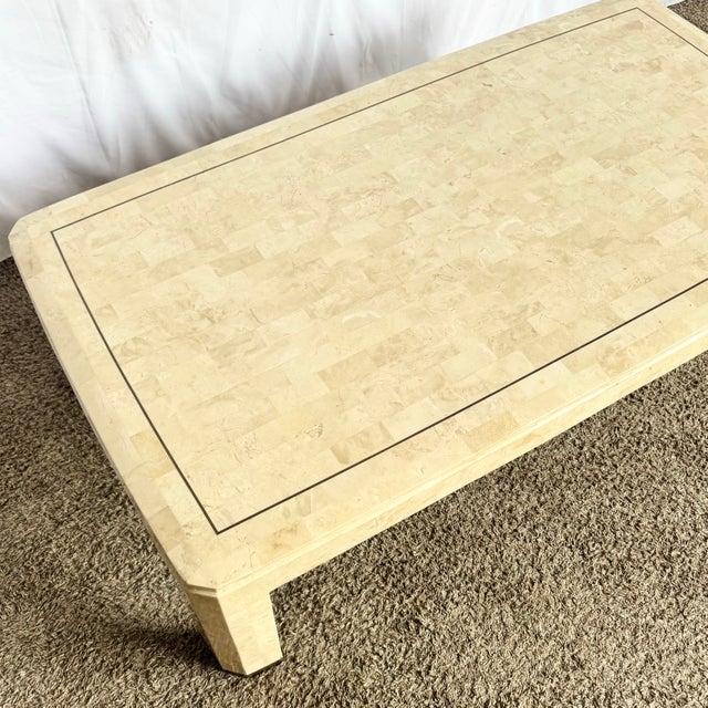 Postmodern Polished Tessellated Stone Coffee Table With Brass Inlay For Sale - Image 4 of 8