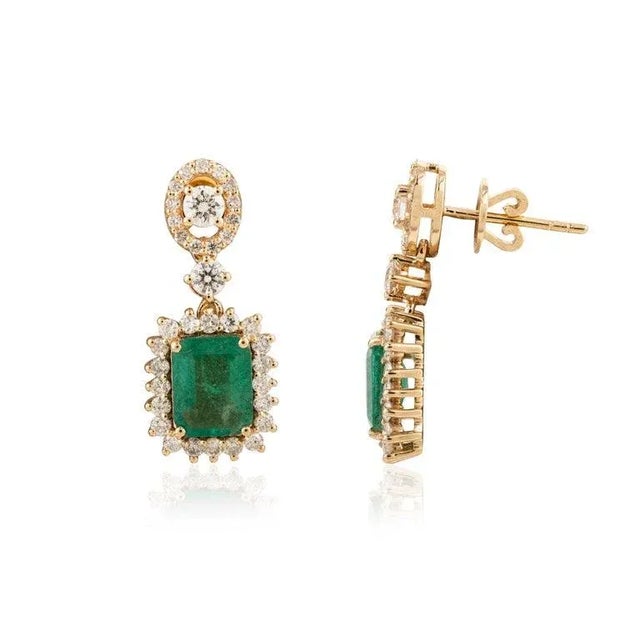 Not Yet Made - Made To Order 18k Solid Yellow Gold 2.55 Cts Emerald and Halo Diamond Modern Earrings - 2 Pieces For Sale - Image 5 of 7