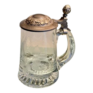 Vintage German Etched Glass Beer Tankard With Design Relief Metal Lid