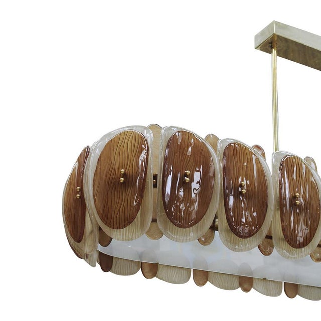 Italian Midmodern Style Pendant Lamp in Brass with Brown and Beige Murano Glass Shade For Sale - Image 6 of 14