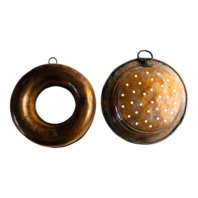 Vintage 1960s French Copper Mold and Strainer Set of 2 For Sale